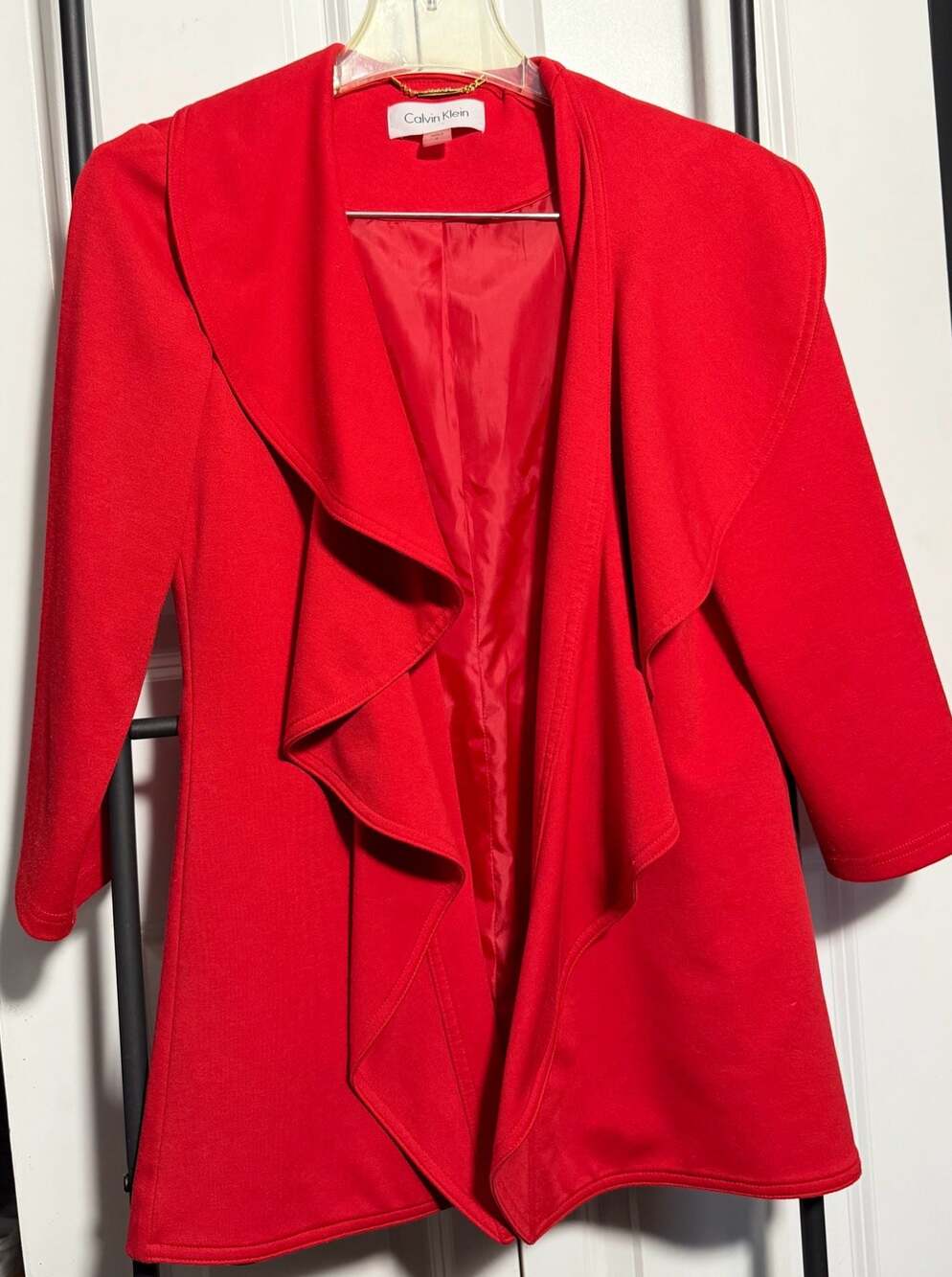 Calvin Klein Women's Red Draped Ruffle Open Front Blazer Jacket